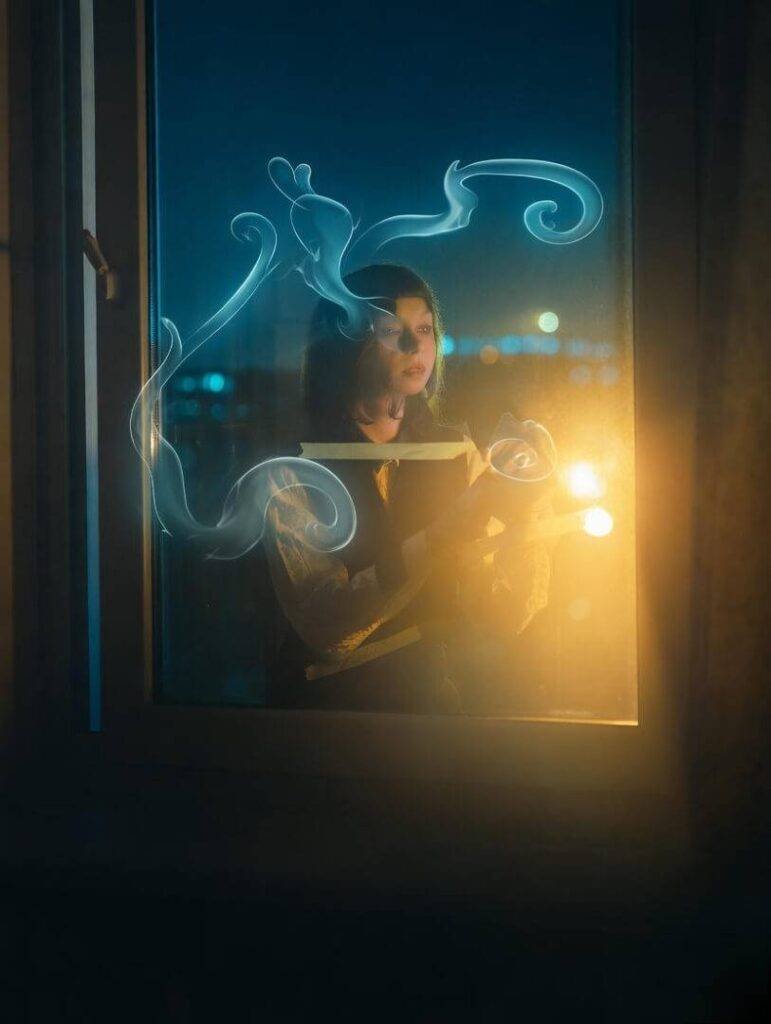 Taping window with city lights, ghostly energy swirls.