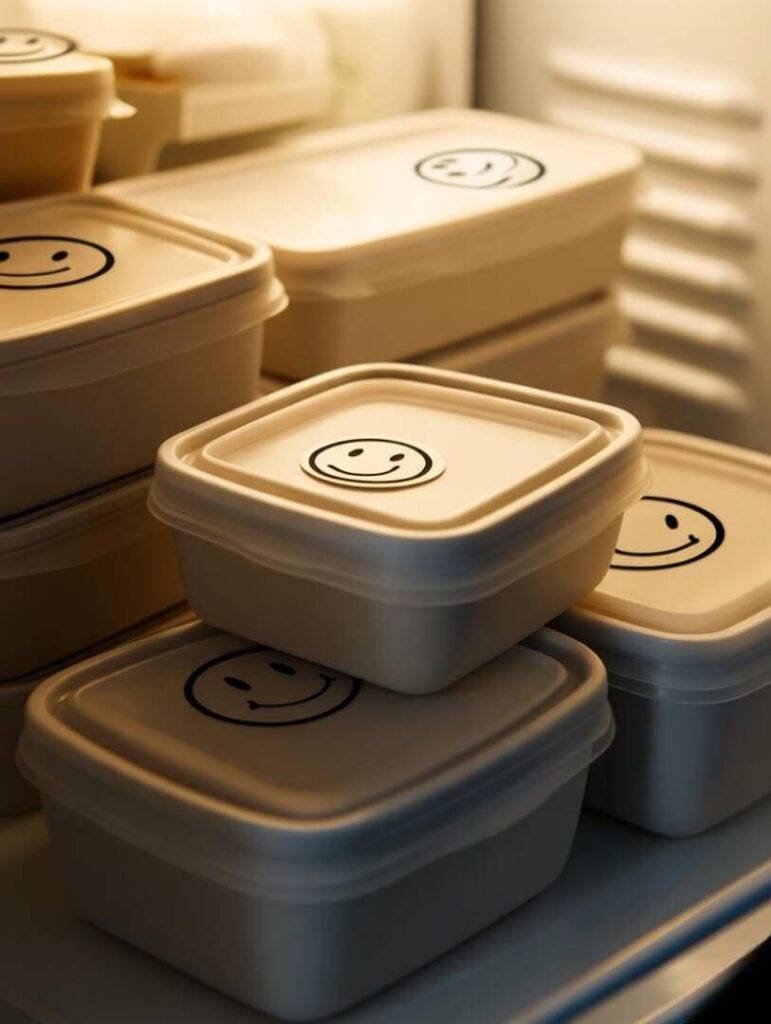 Fridge view: crooked meal prep, smiley stickers, bittersweet blur.