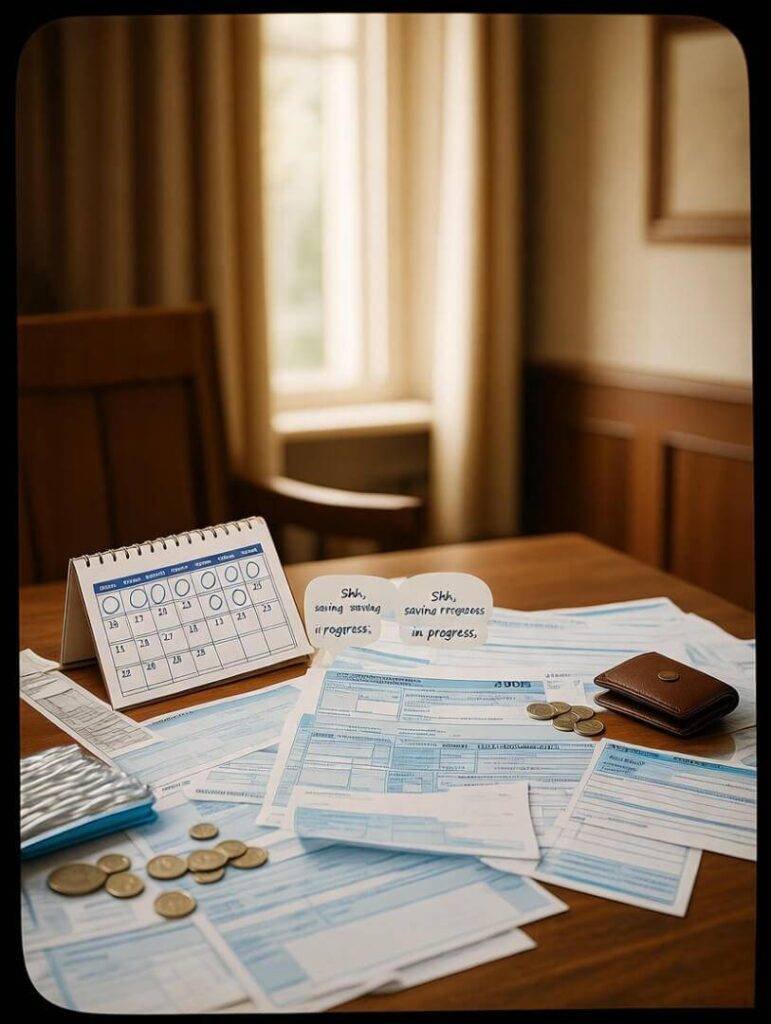 Desk with bank statements, calendar, spilling wallet.