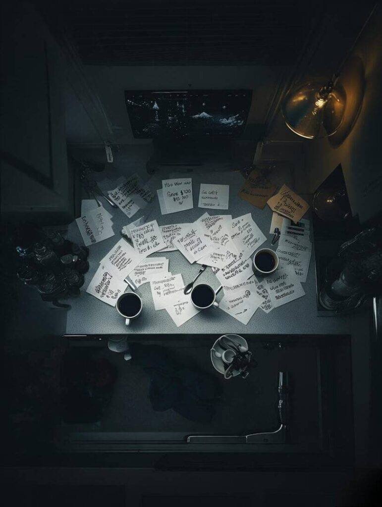 Midnight kitchen napkins with Qapital goals scribbled.