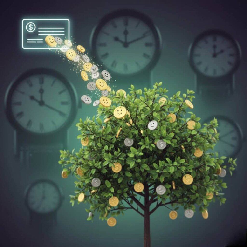 Digital coins flow into money tree, clocks in background.