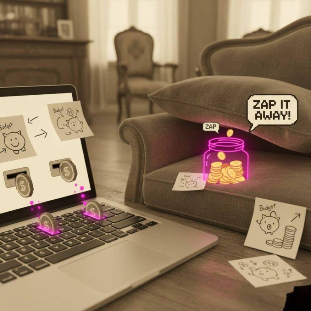 Laptop keyboard, coin slots, glowing savings jar, Post-it notes.