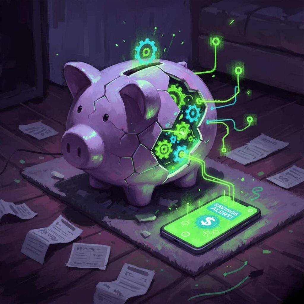Cracked piggy bank with digital wires, savings alert.