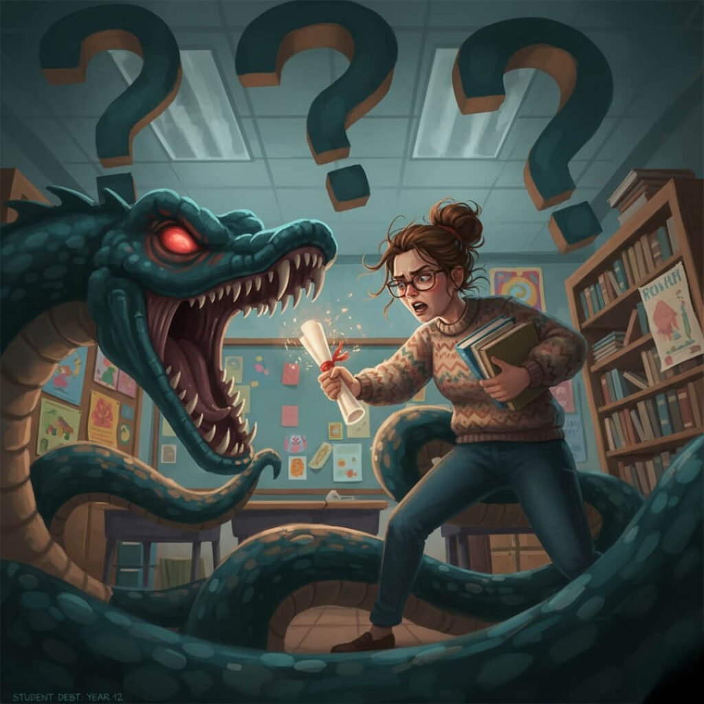 Teacher fights loan serpent, question mark bookshelves.