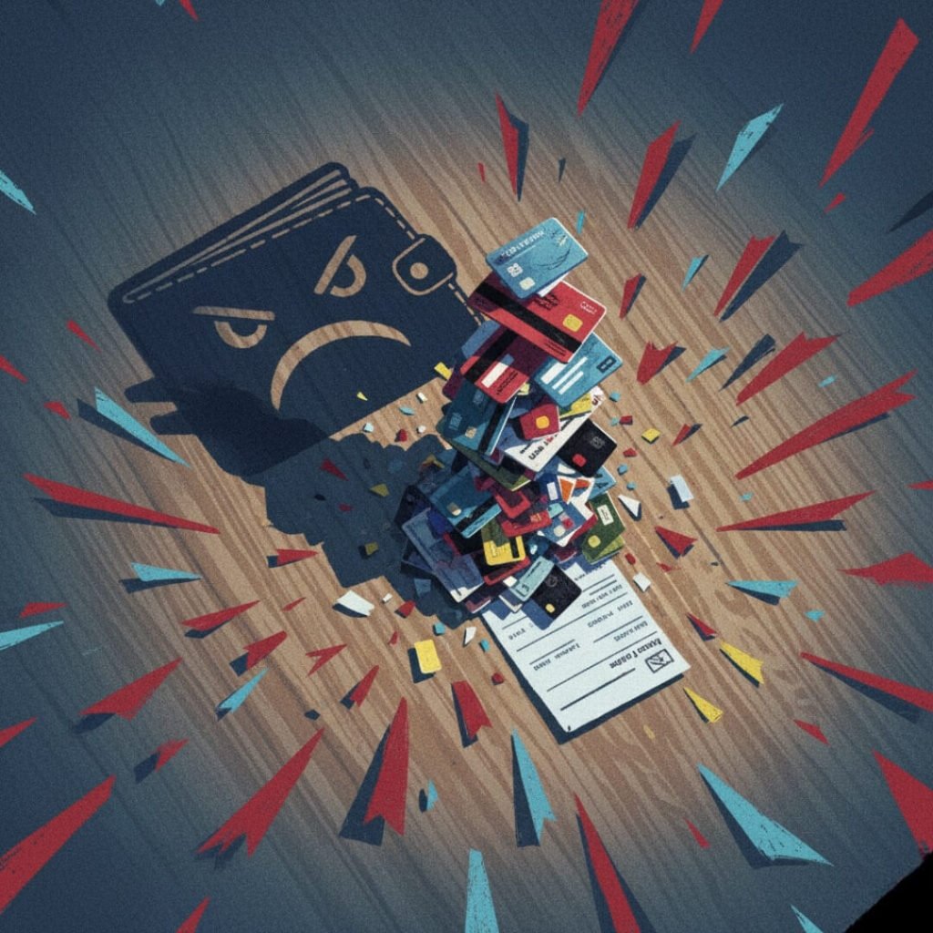 Overhead view of credit cards in a wobbly tower, frowning wallet.