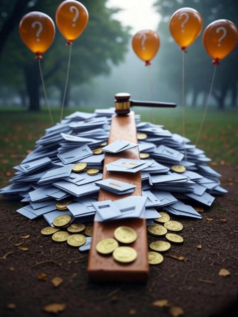 Seesaw balances settlement coins, bankruptcy gavel, question balloons.