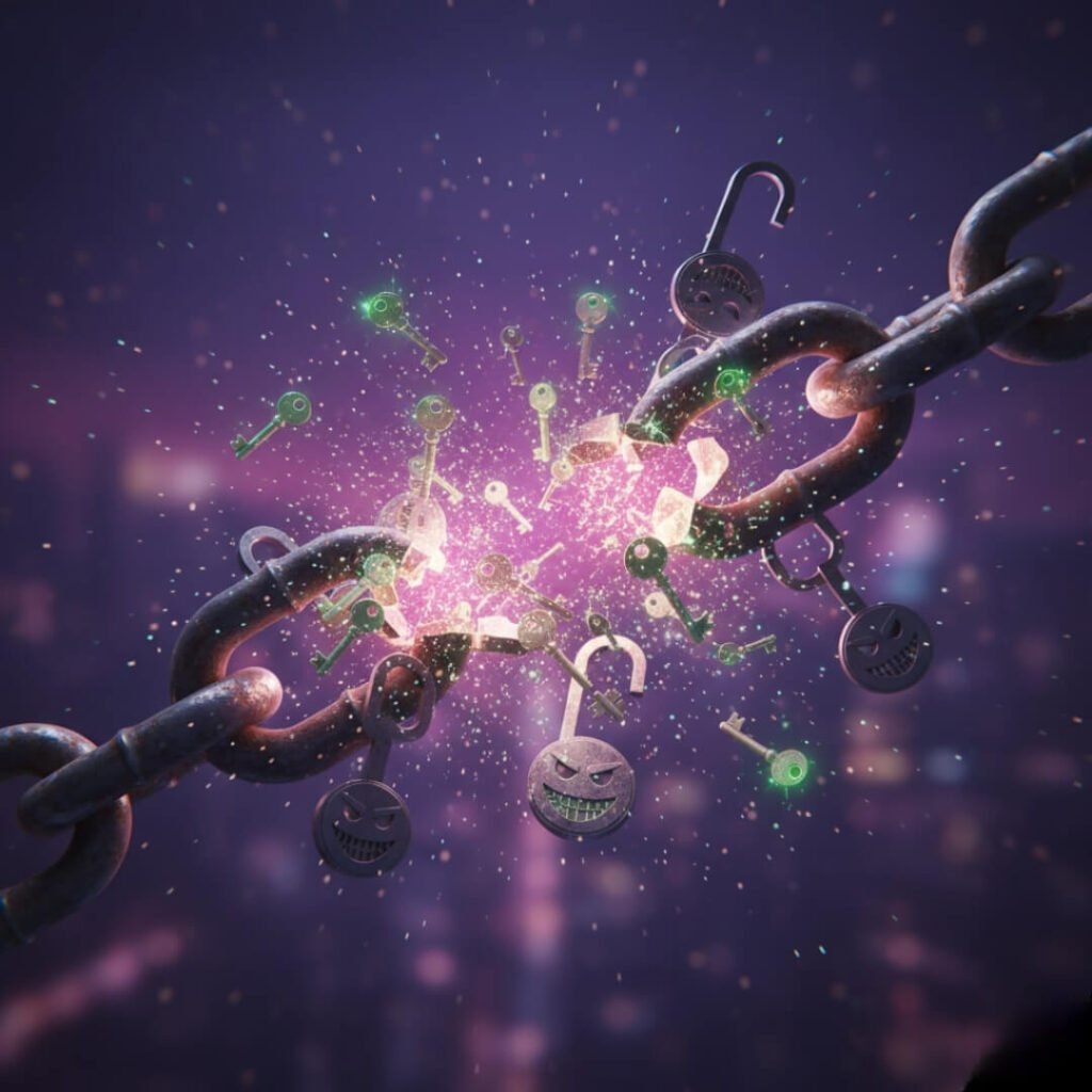 Knotted debt chains snapping with glowing keys.