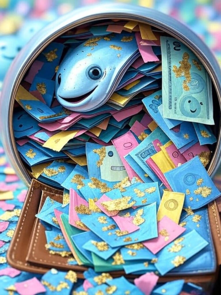 Wallet spills confetti money, fading debt monsters.