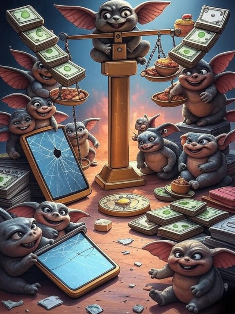 Gremlins tip scale with money and cracked phone.