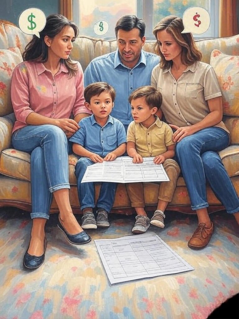 Family debating budget on couch, tense hopeful scene.