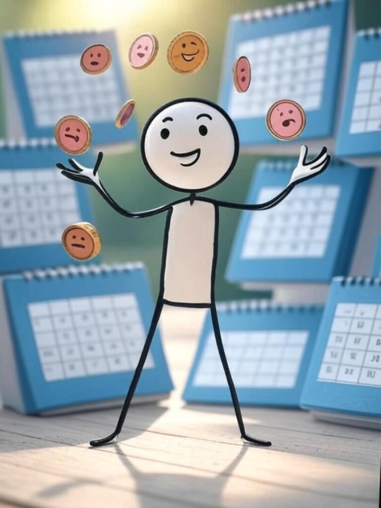 Stick figure juggles coins and calendars, emoji faces.