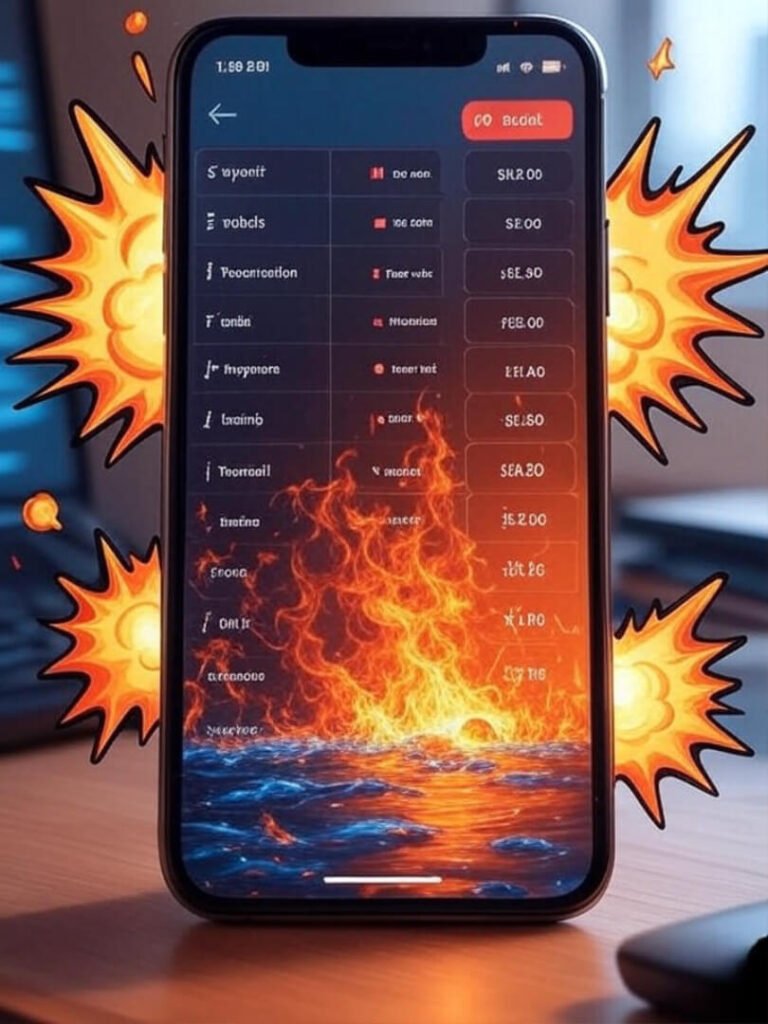 Phone screen with budget errors and explosions.