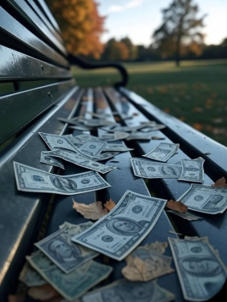 Notebook and currency leaves on park bench.