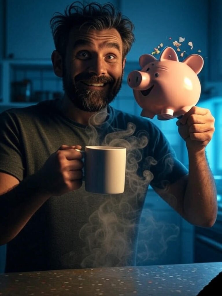 Scruffy man fist-bumps piggy bank, dawn kitchen steam.