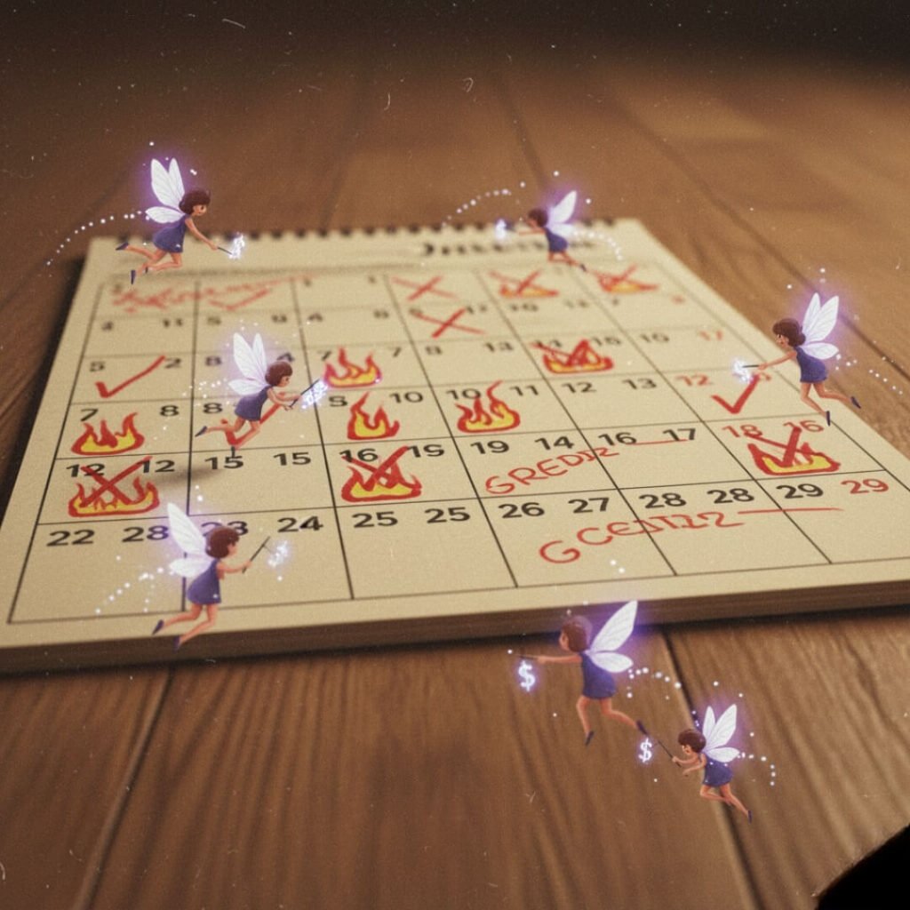 Calendar with checkmarks, X's, and credit fairies.