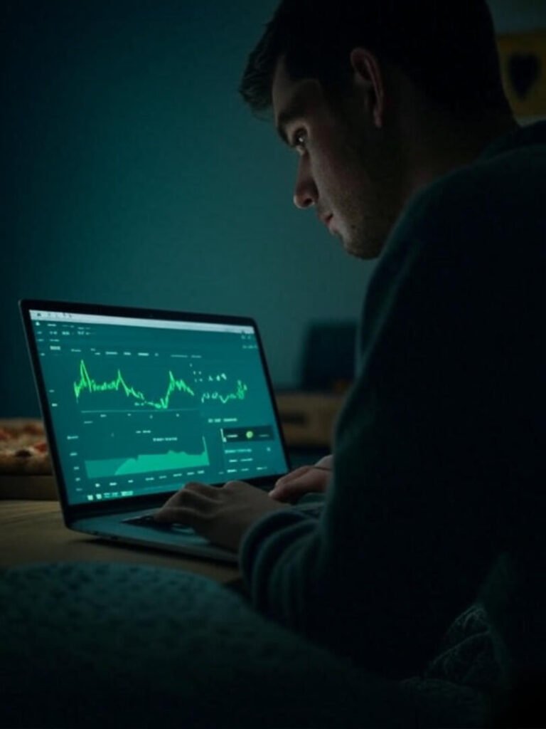 Fist-pump at laptop graph, pizza box temptation nearby.