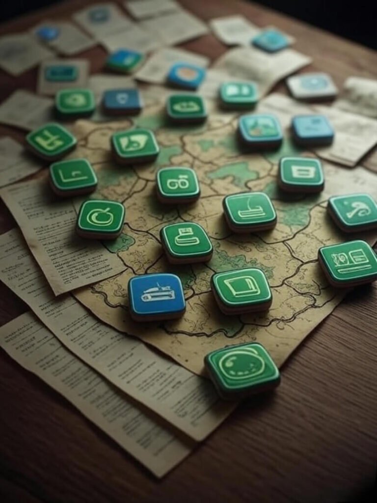 App icons on treasure map, coffee stains.
