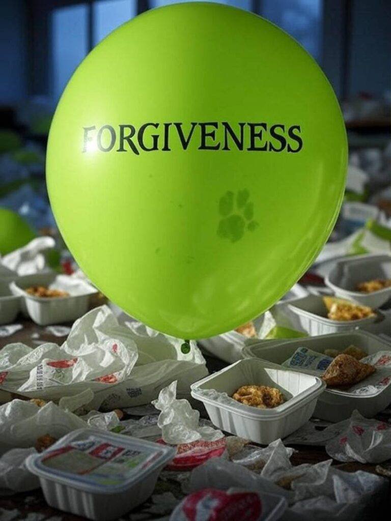 Floating 'Forgiveness' balloon, paw print, takeout mess.