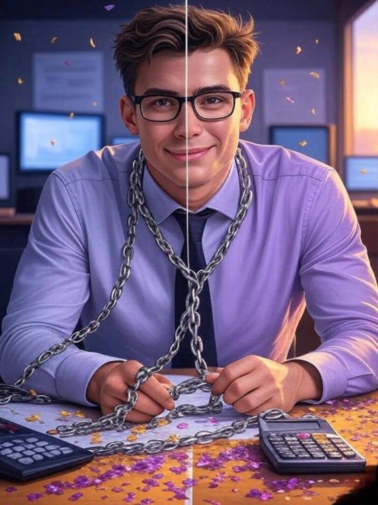 Breaking debt chains, confetti from calculator in purple.