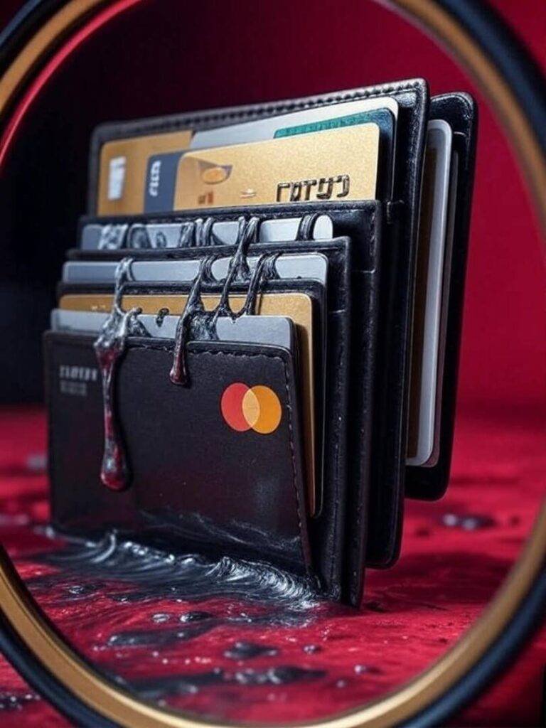 Bursting wallet, dripping ink, distorted crimson reflection.