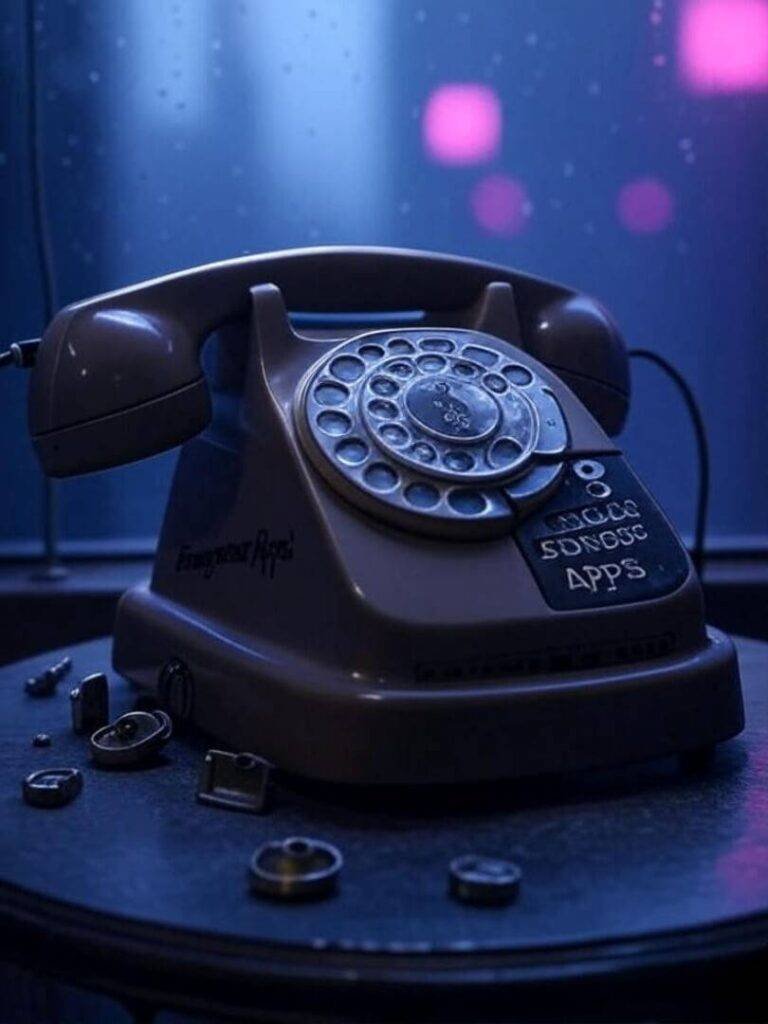 Vintage phone with locks, rainy backdrop, humorous tone.