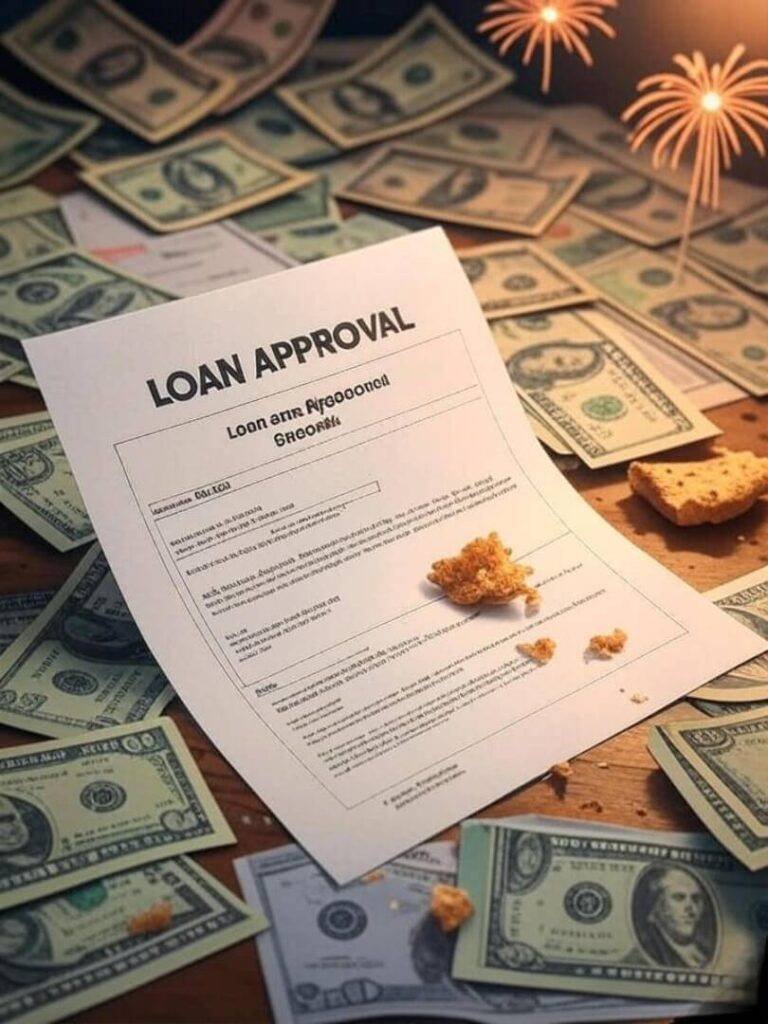 Loan approval email, bills, snack, dollar bill fireworks.