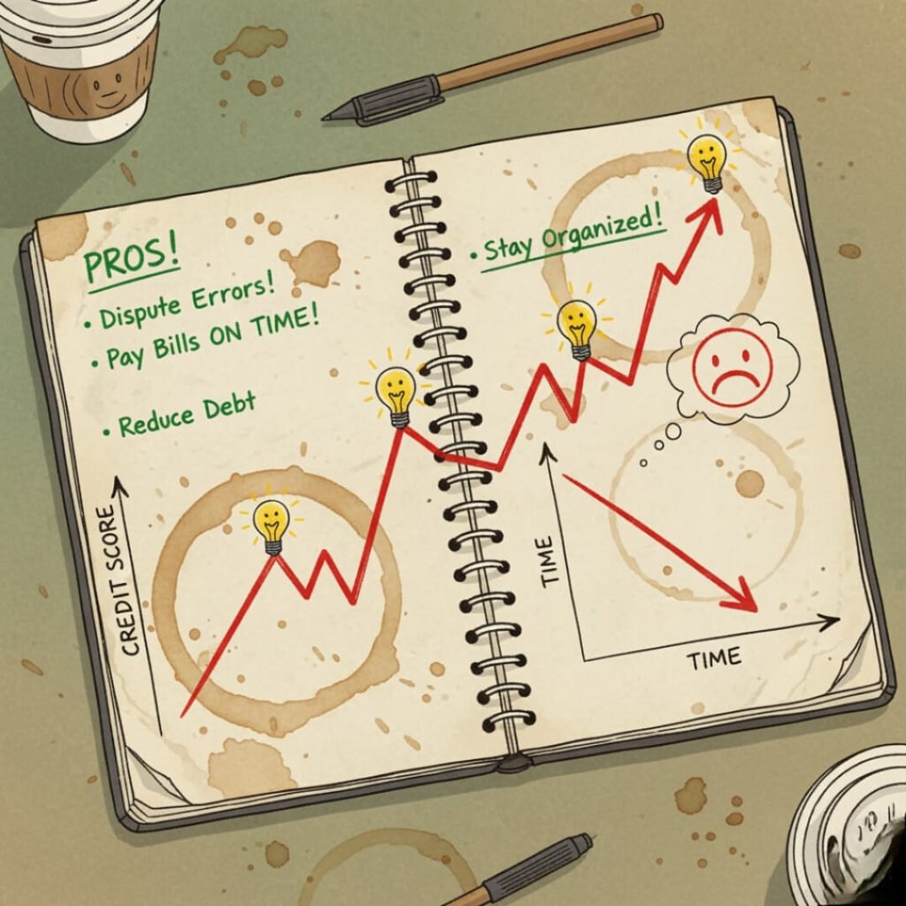 Notebook with credit score graph, tips, and coffee stains.