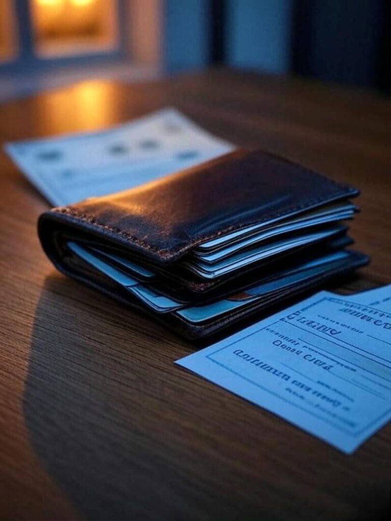 Overstuffed wallet beside loan check with shadow.