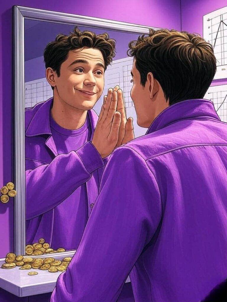 Comic-style mirror high-five with rising charts.