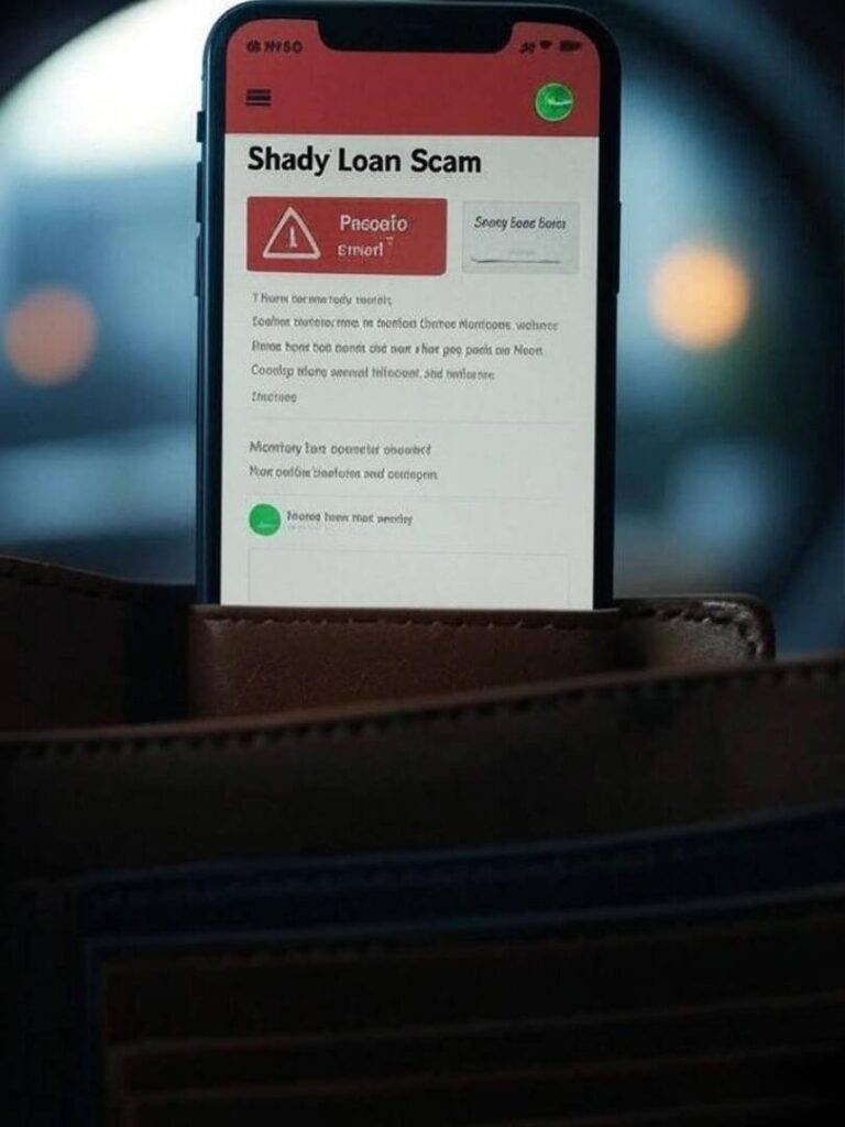 Phone with scam emails, warning icons, wallet view.