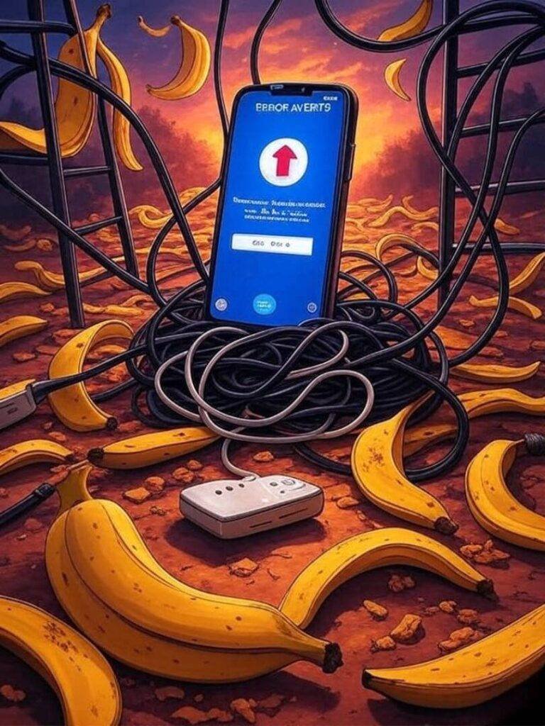 Phone errors, tangled cords, banana-peel score ladder.