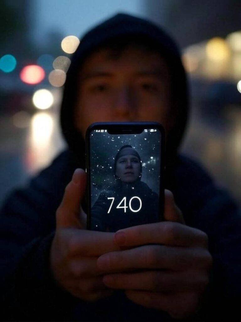 Rainy selfie, phone glows with 740 alert.