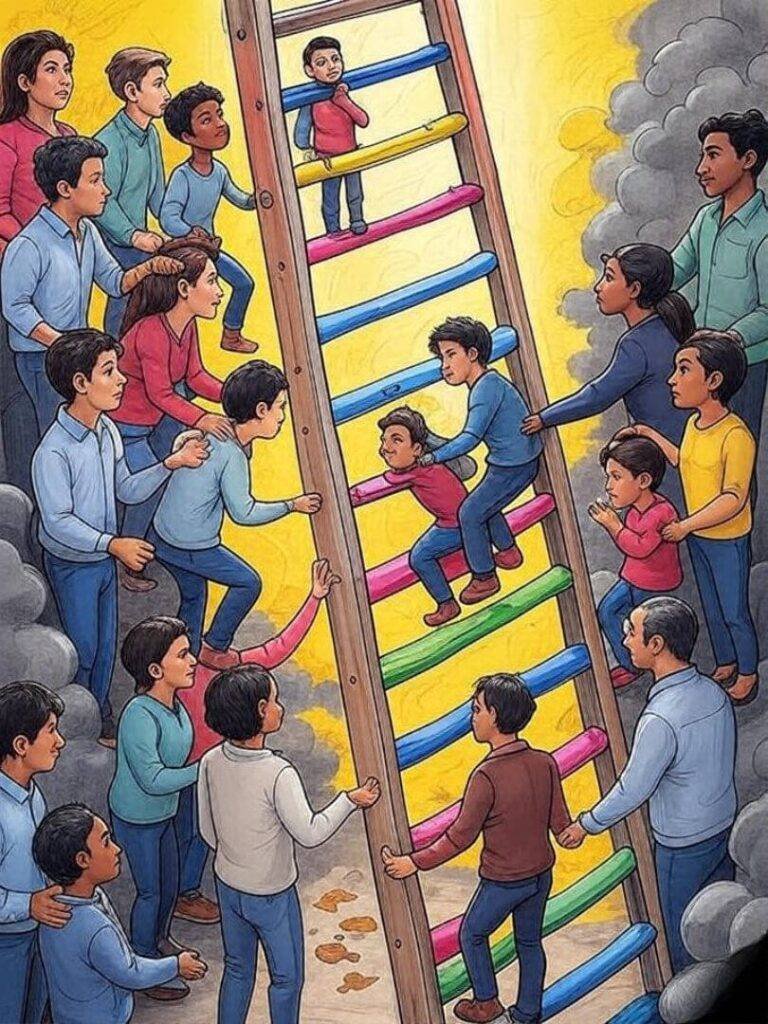 Ladder to high score, hands help, coffee stains.