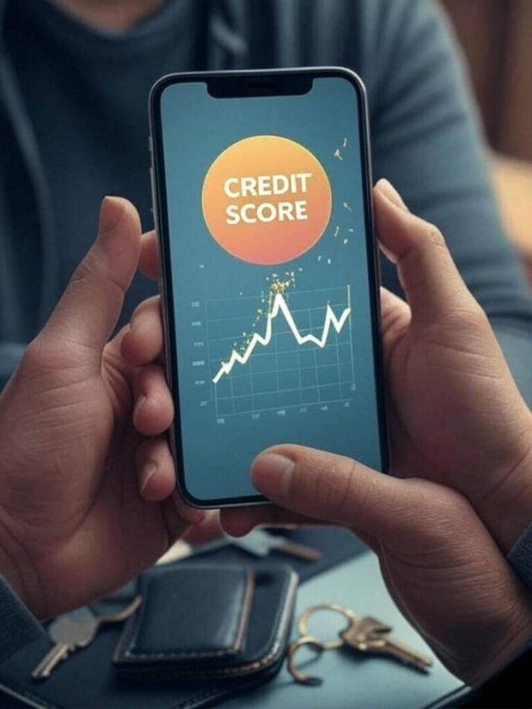 Hands holding a smartphone with a credit app showing an upward-trending score.