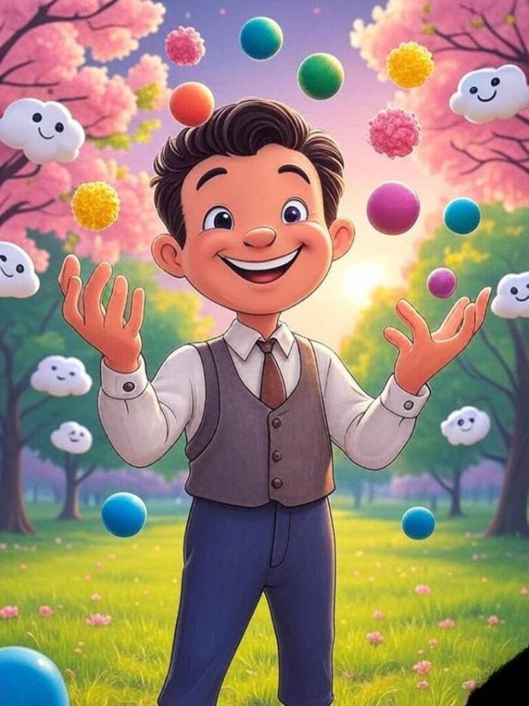Cartoon juggling debt balls in park.