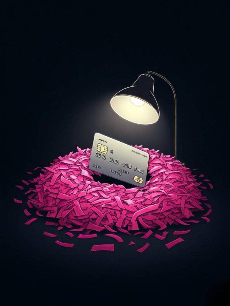 Credit card rises, pink confetti victory shines.