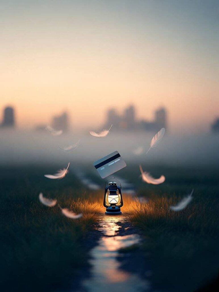 Credit card compass on foggy path with feathers.