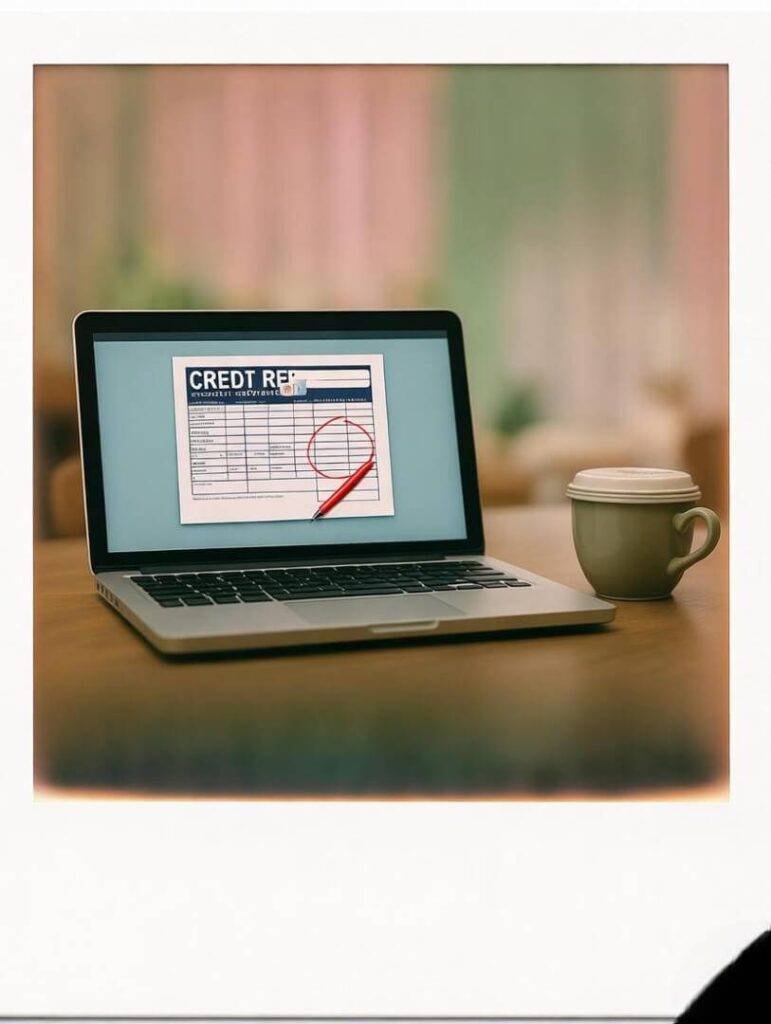 Polaroid laptop credit report error, pen, coffee cup.