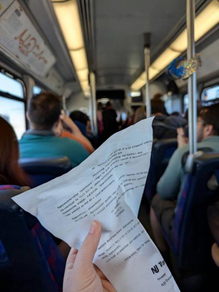 Rejection email held on crowded NJ Transit bus.