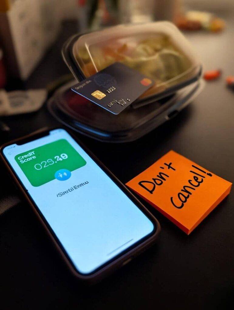 Cluttered desk with credit card, phone, "Don’t cancel!" note.
