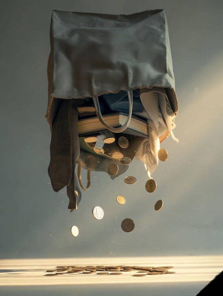 Shopping bag spills thrift finds, coins rain gently.
