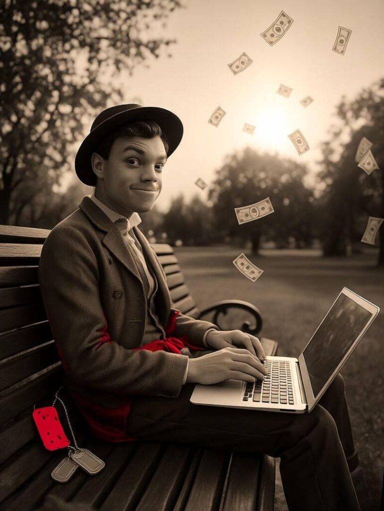 Park laptop hustle, money confetti, vintage crimson.