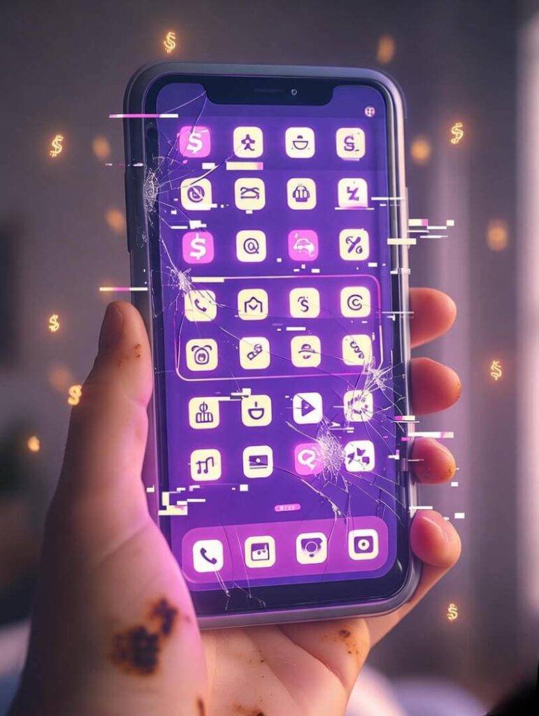 Cracked phone, savings apps, coffee stains, dollar signs.