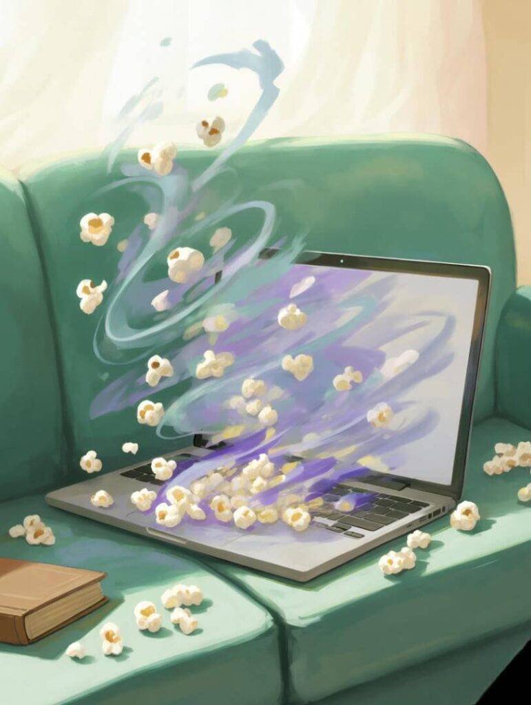 Laptop on couch, dancing popcorn, library book.