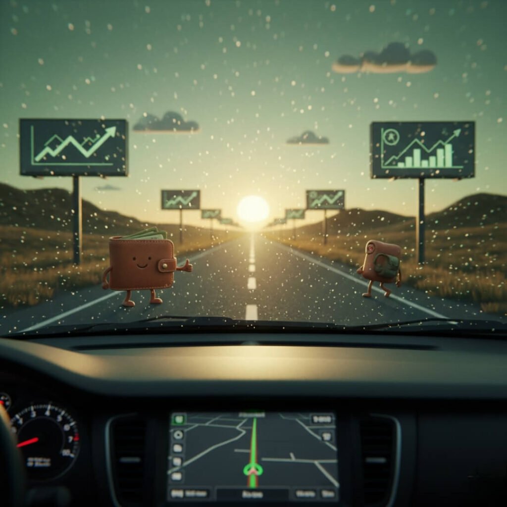 Open road, financial symbols, smiling wallets.