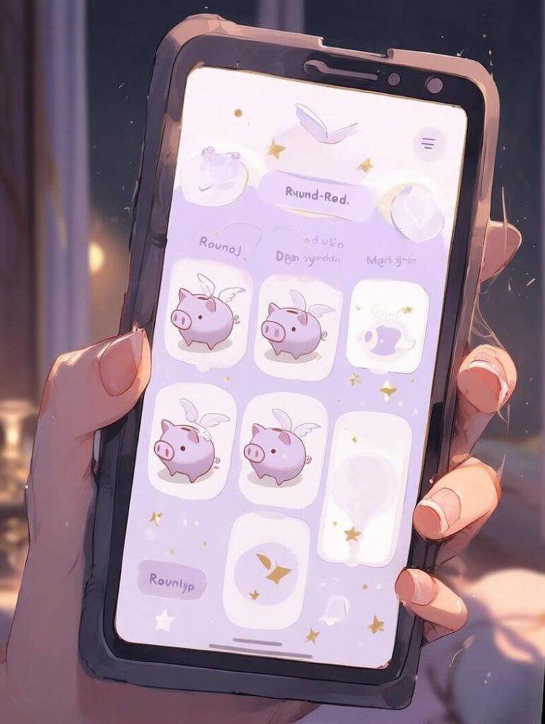 Shaky hand holds phone: round-up app, winged piggy banks.