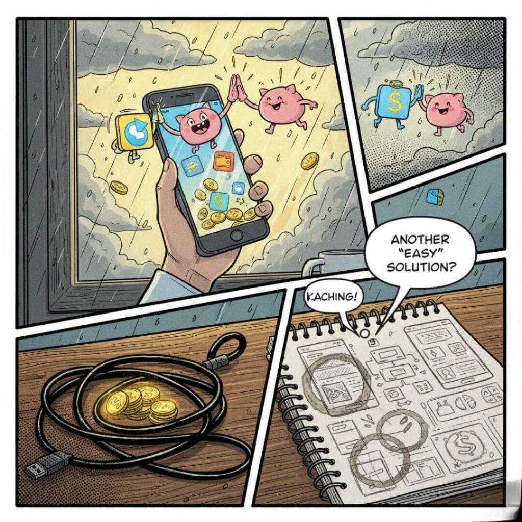 Smartphone, raining coins, tangled cable, app sketches, comic.