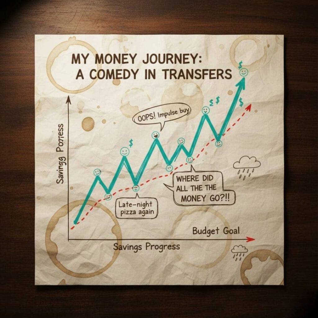 Hand-drawn savings graph on coffee-stained paper.
