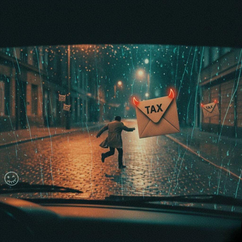 Silhouette flees giant tax envelope in rainy street.