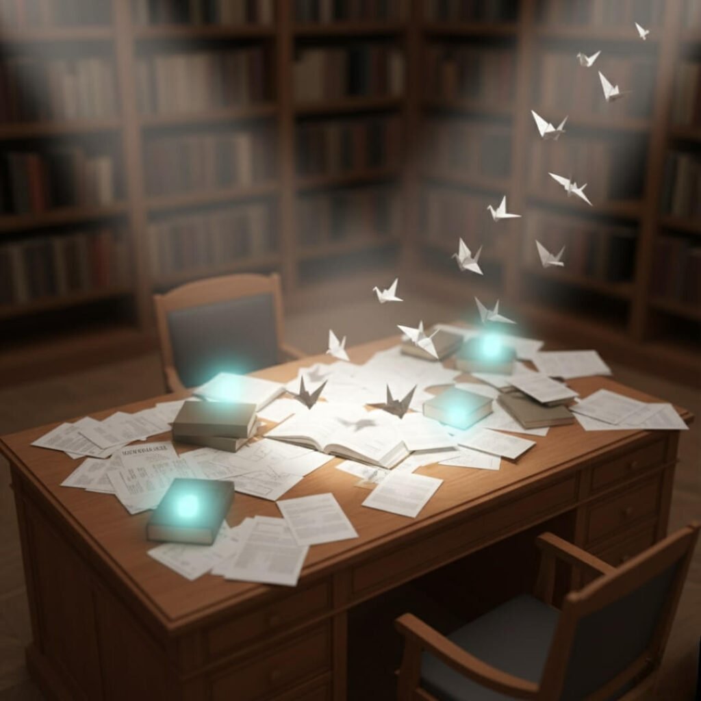 Library desk, loan papers, glowing books, origami birds.